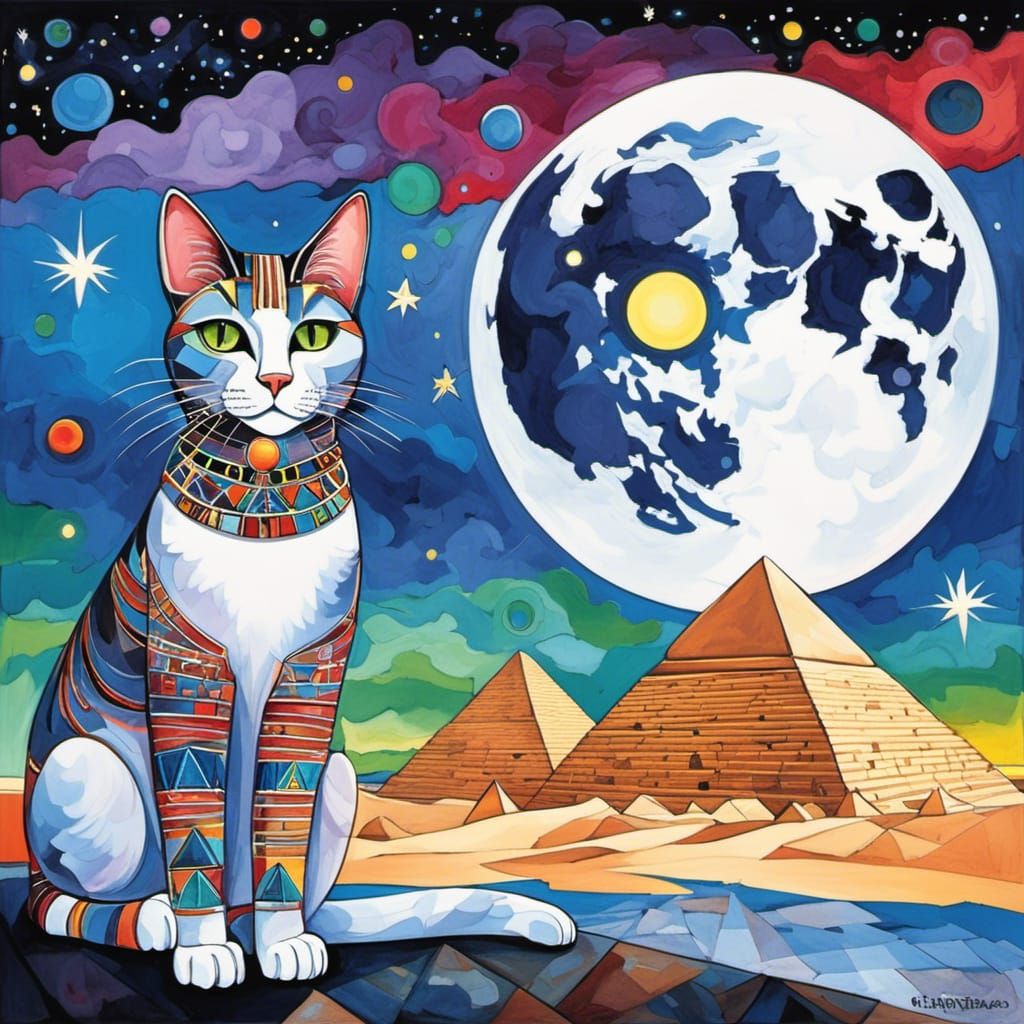 Egyptian Cat Amid Pyramids in Naive Art Style