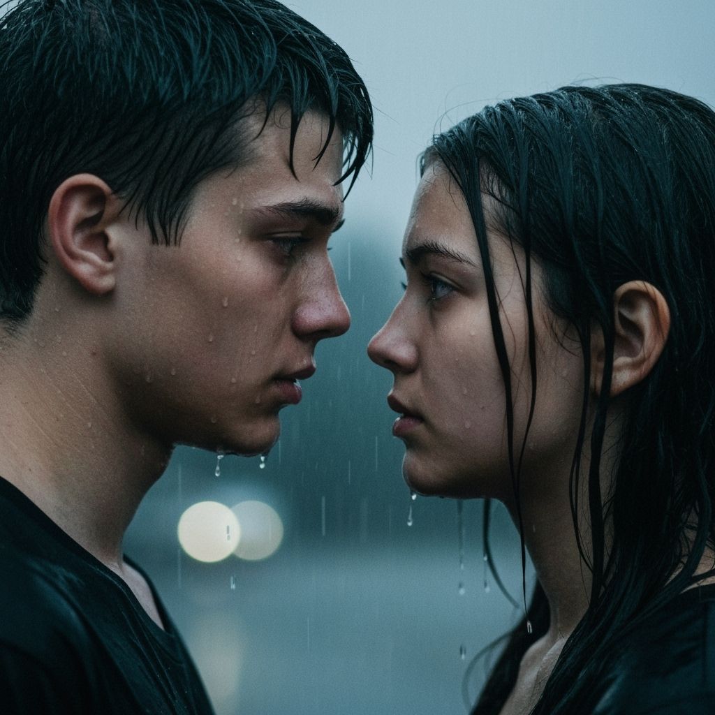 Emotional Couple in Rain, Cinematic Close-Up