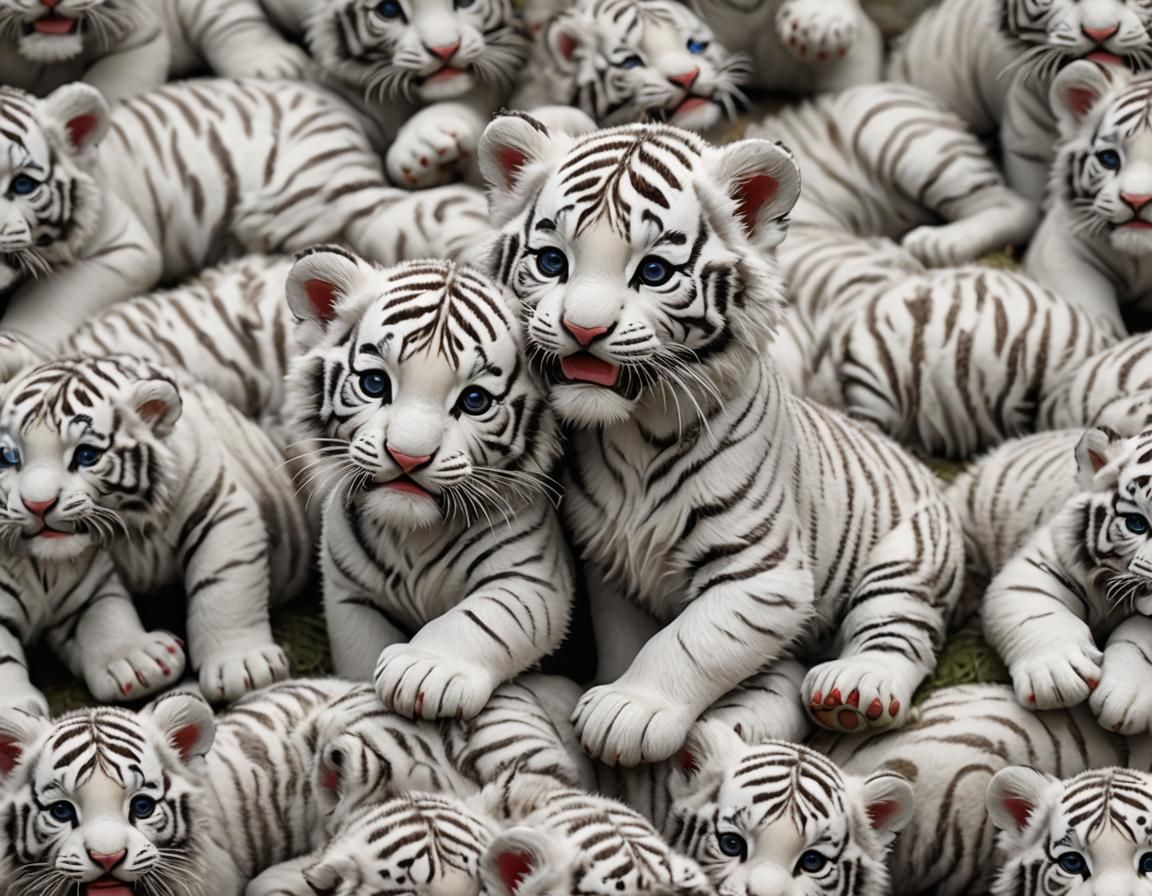 Fluffy Chibi Tiger Cubs Play, Hyperrealistic Detail