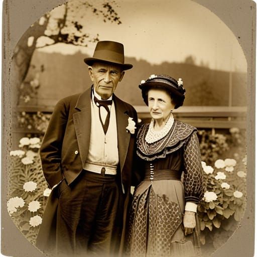 Vintage Sepia Photograph of Elderly Couple in Garden
