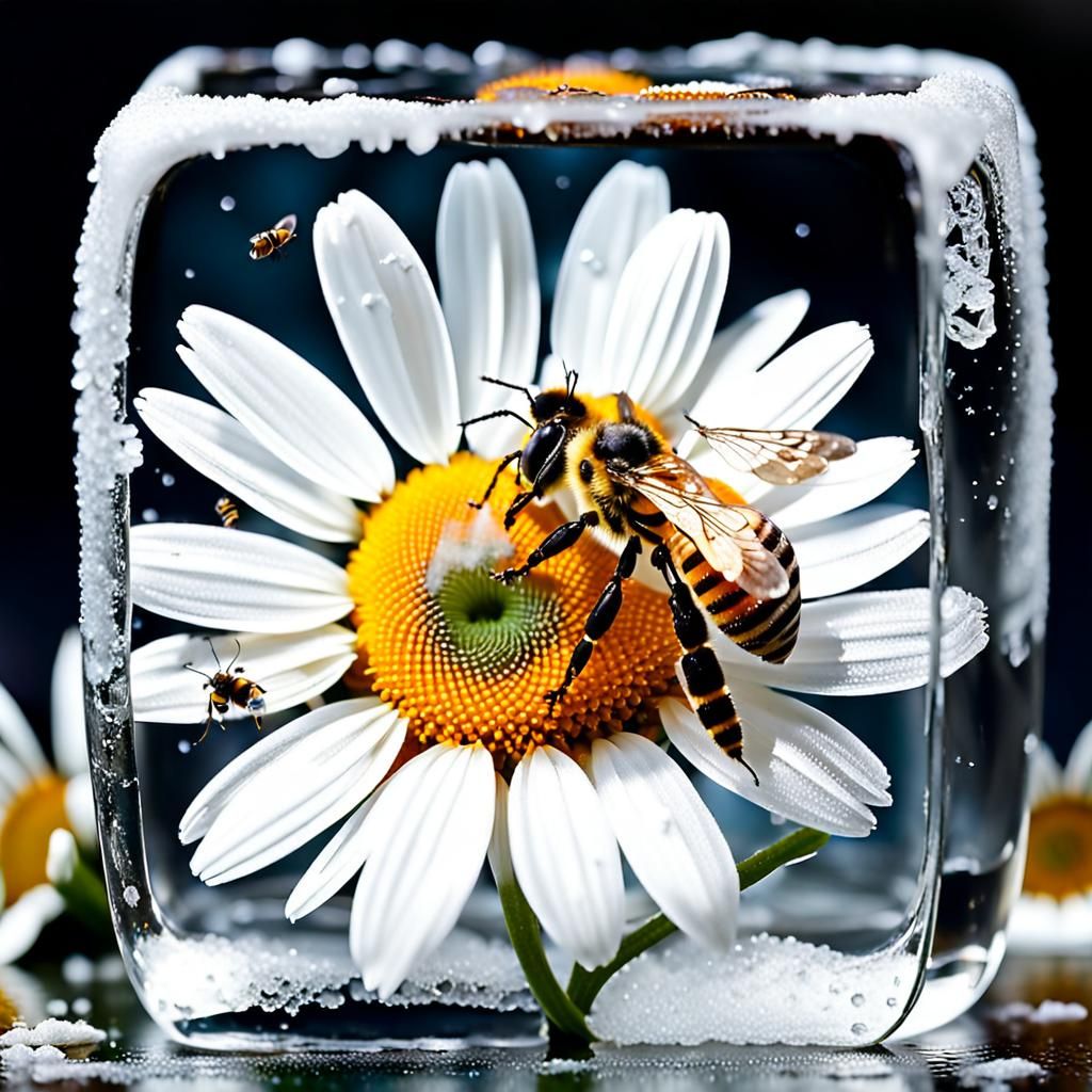 Daisy Frozen in Ice with Bee