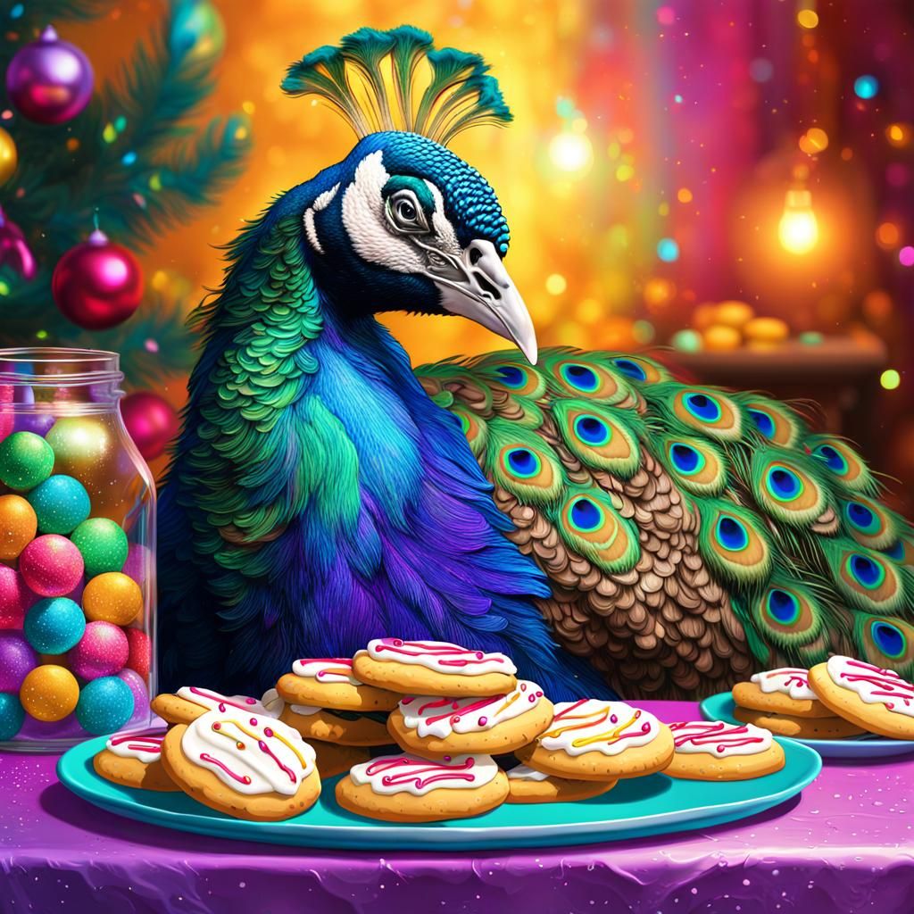 Vibrant Santa Peacock Basks in Festive Holiday Feast