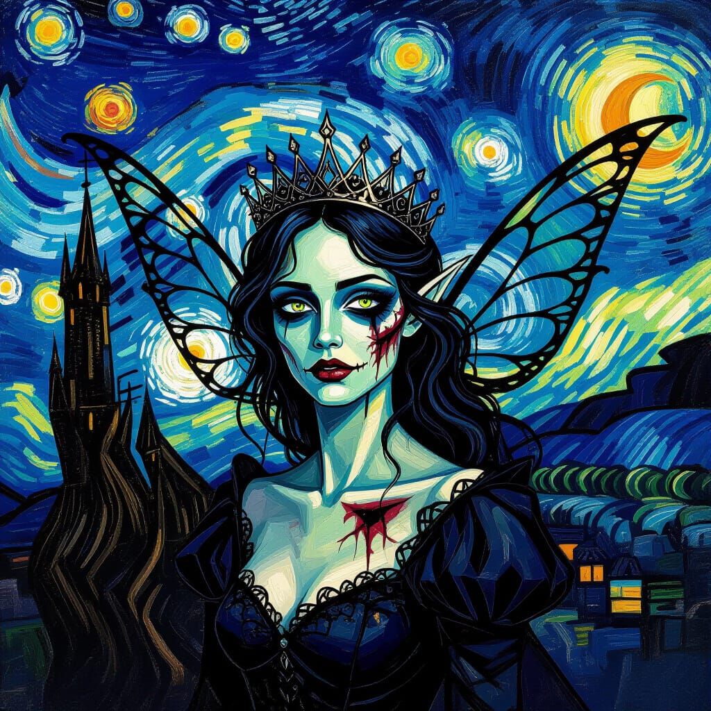 Zombified Dark Queen with Fairy Wings in Van Gogh Style