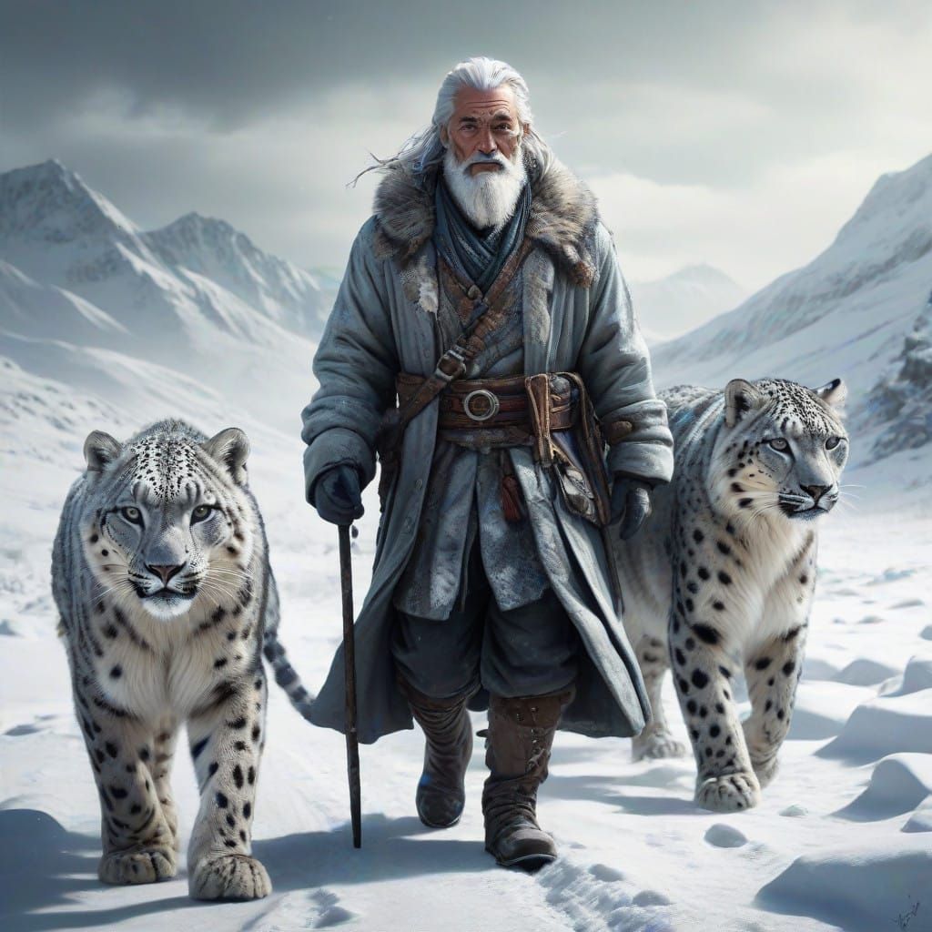 A Silver Haired Druid and Snow Leopard Walk in the Frosty Wi...