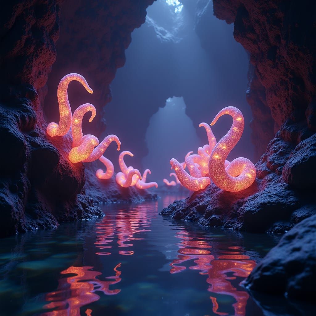 Ethereal Glowworms in a Mystical Cavern
