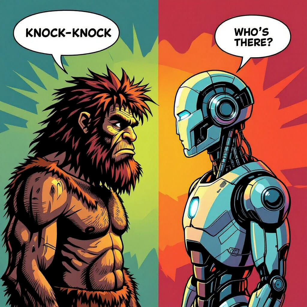 Caveman Meets AI Robot in Comic Style