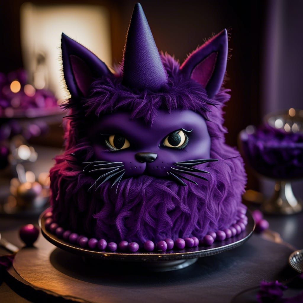Purple Kitten Topped Cake with Devil Horns