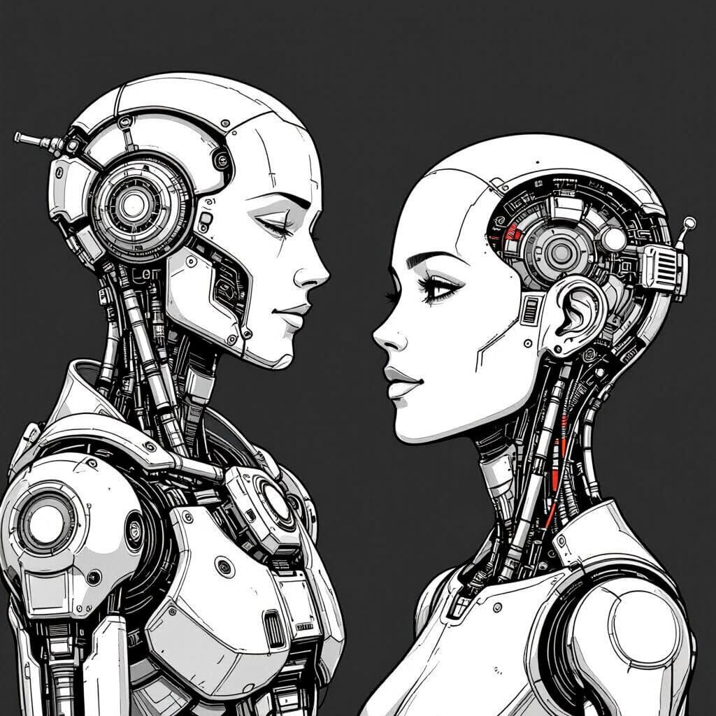 Robots in Line Art Style for Coloring Book