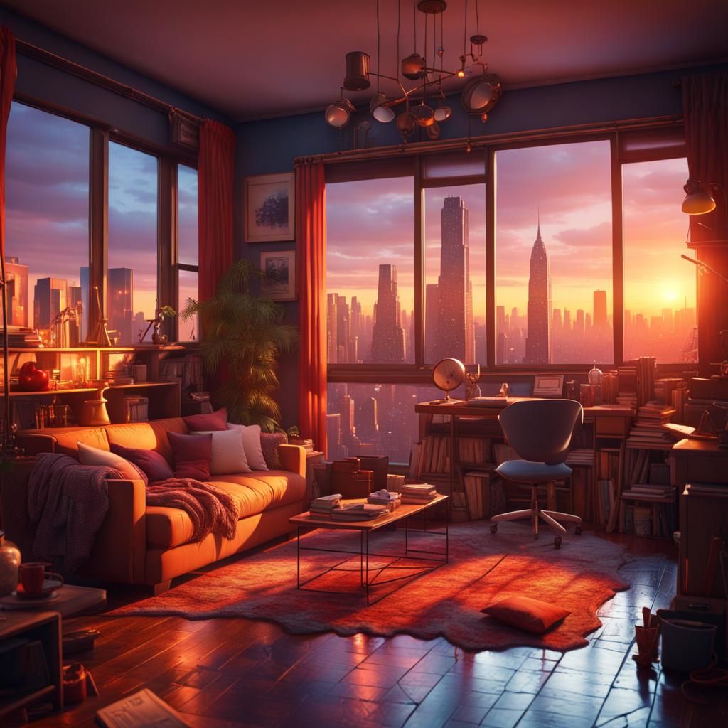 Maximalist City Apartment at Sunset: Fantasy Concept Art
