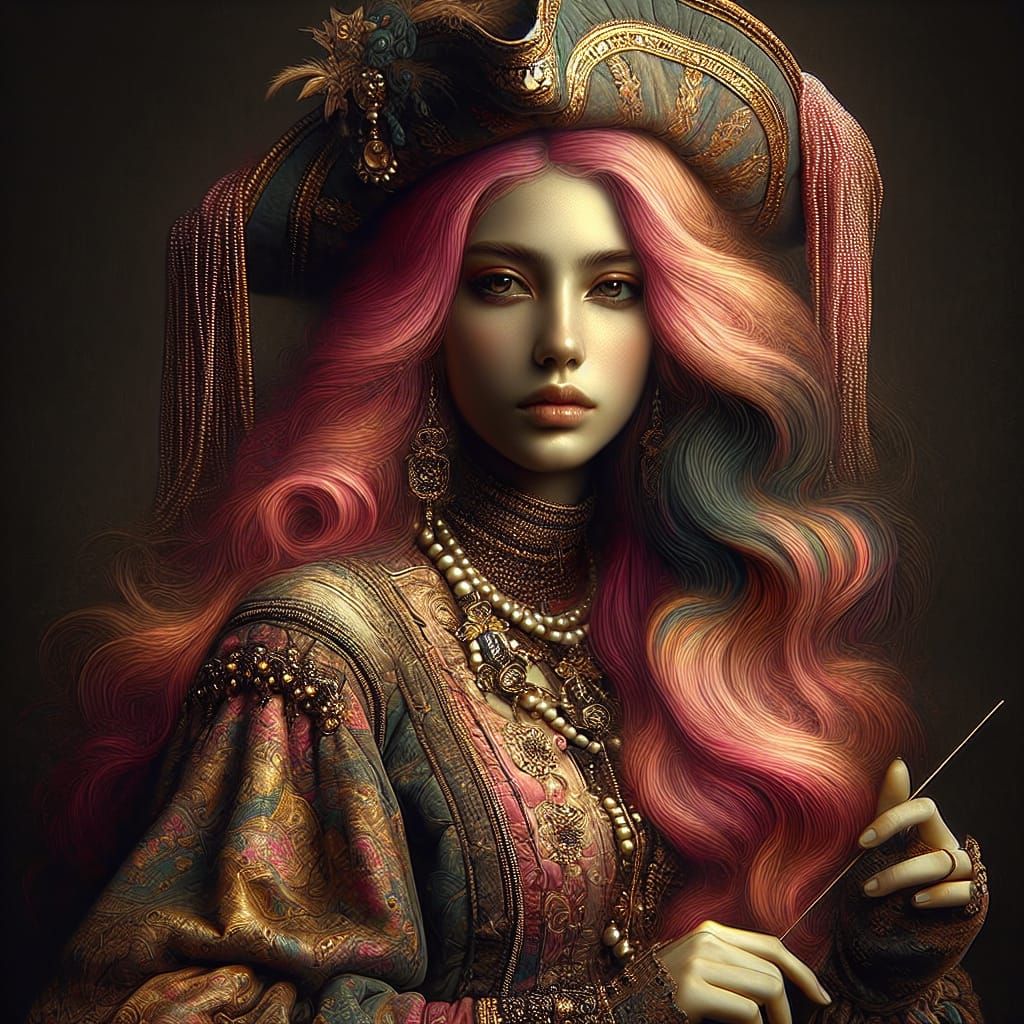 The image is of a beautiful woman wearing English Caroline E...