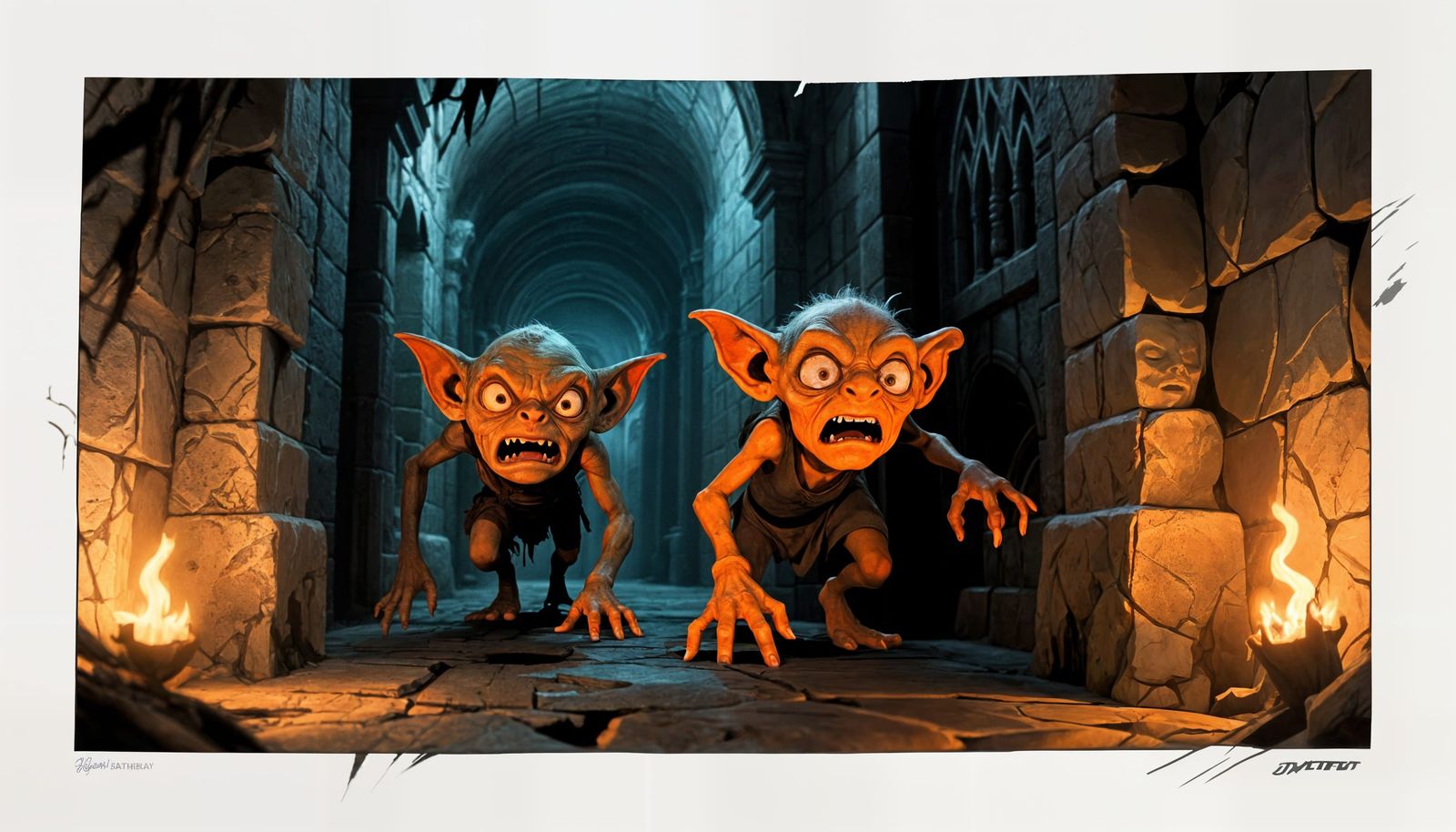 Two Frightened Goblins in Spooky Stone Corridor