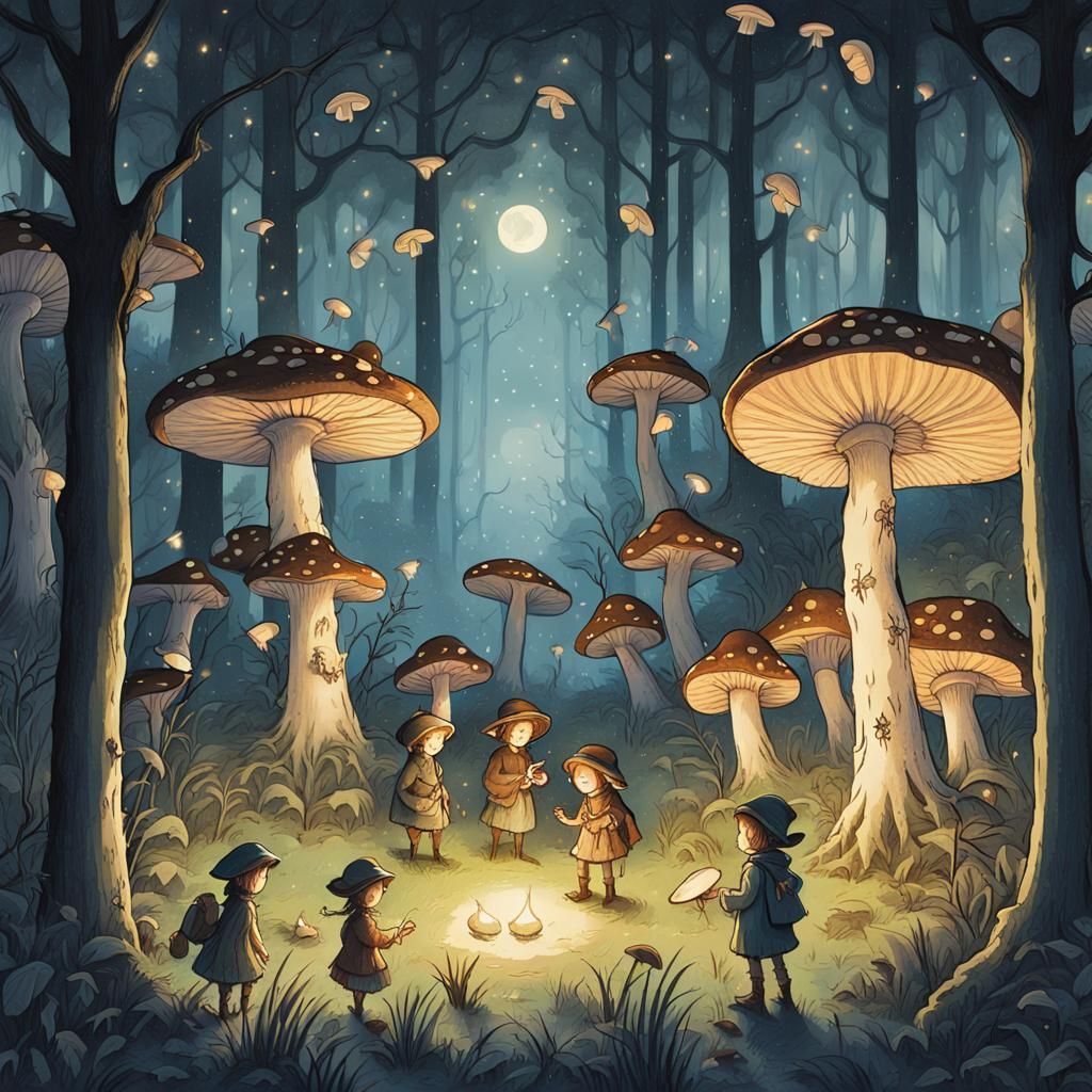 Gnomes Gathering in Moonlit Forest: Arthur Rackham Style