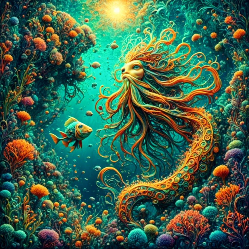 Mythical Underwater Scene: King Titan and Ariel