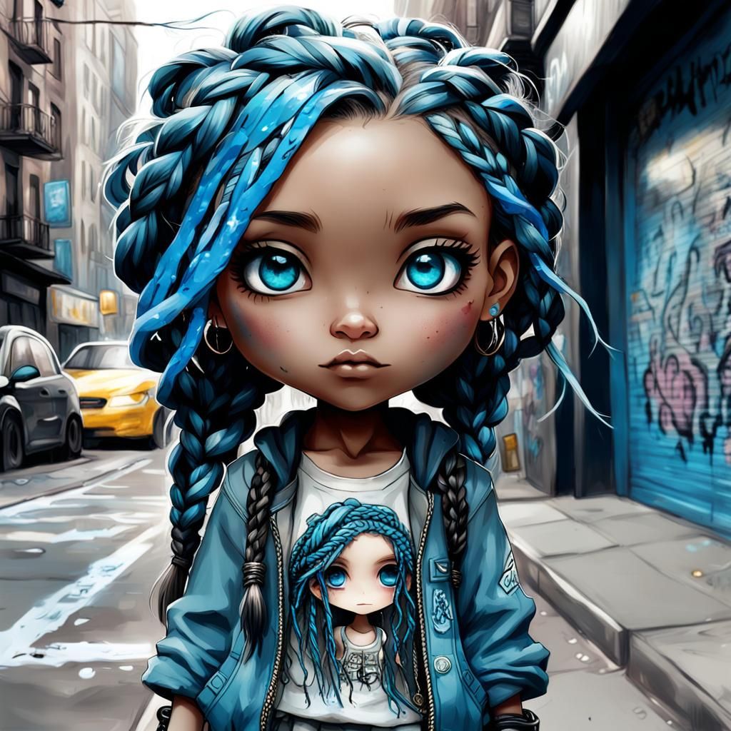 Chibi Graffiti Artist with Blue Dreads: Expressive Art