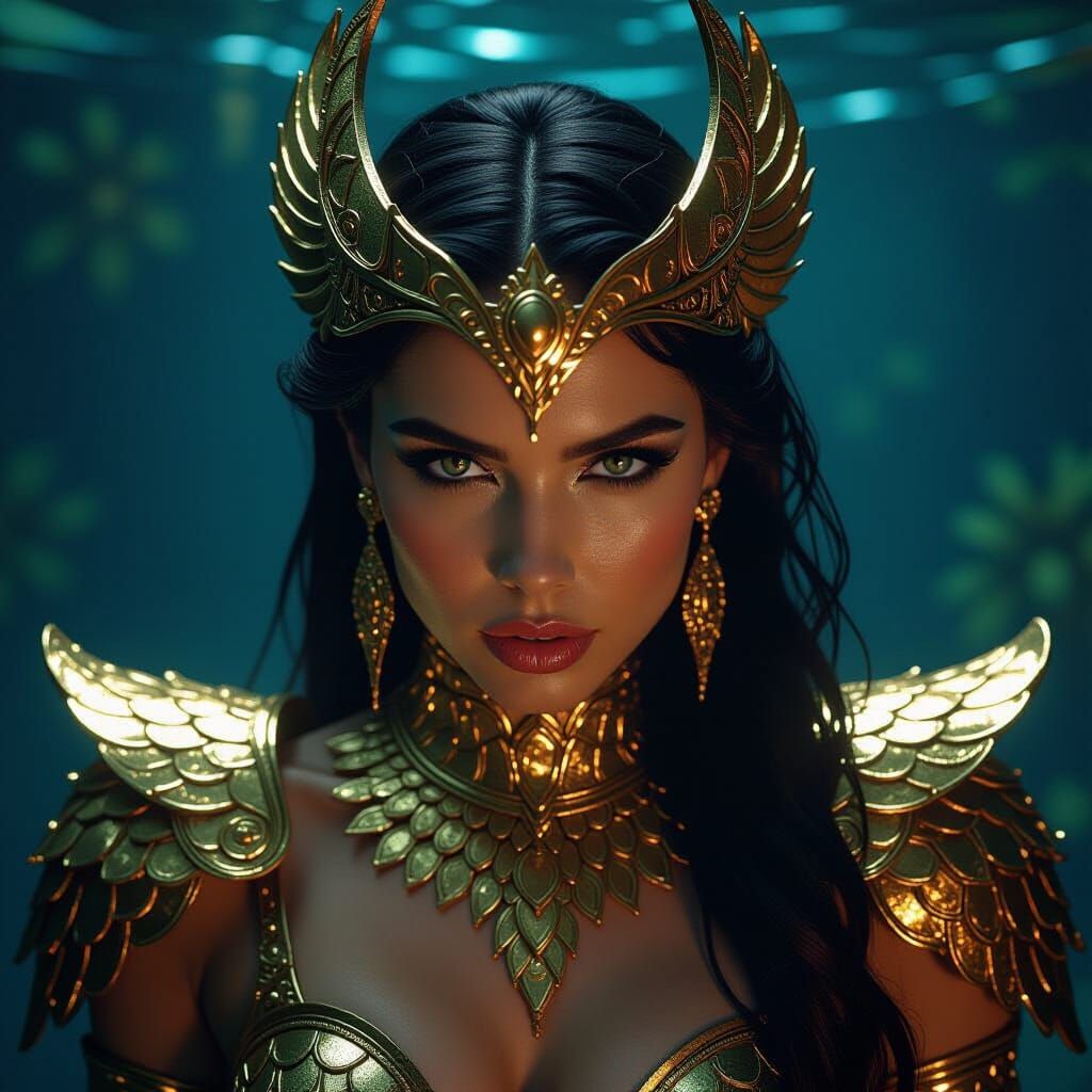Bold Siren in Gold Armor with Fierce Gaze