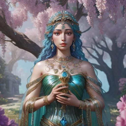 Greek goddess with crystals and blossoms