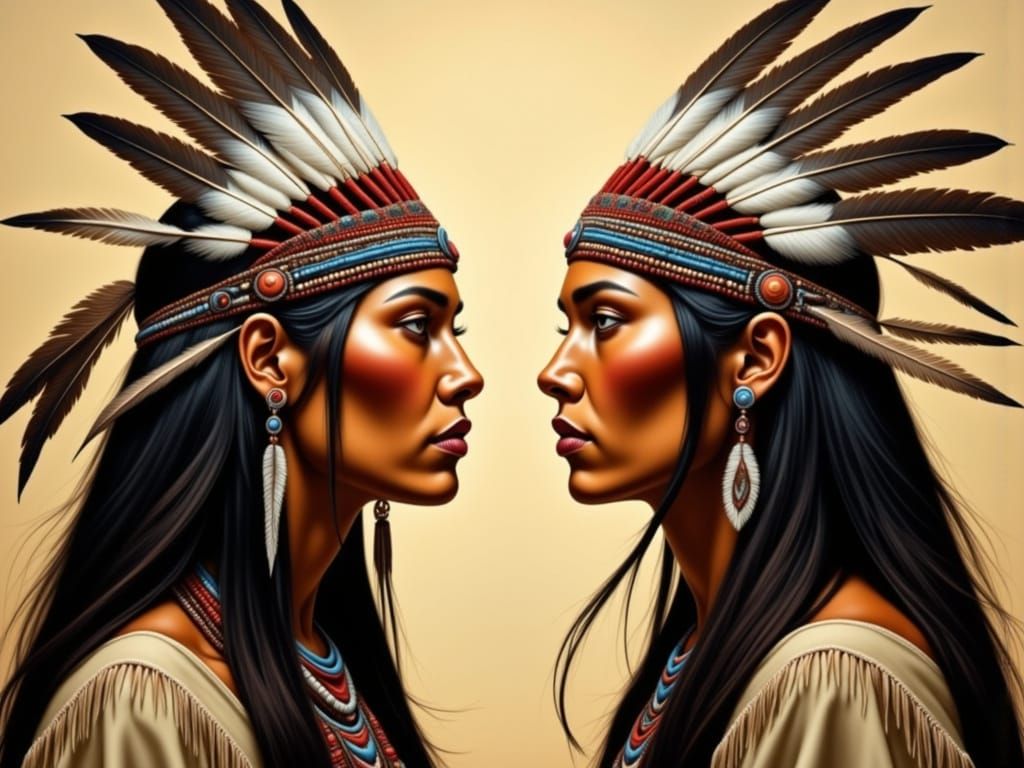 Native American Woman with Feathered Headdress Portrait