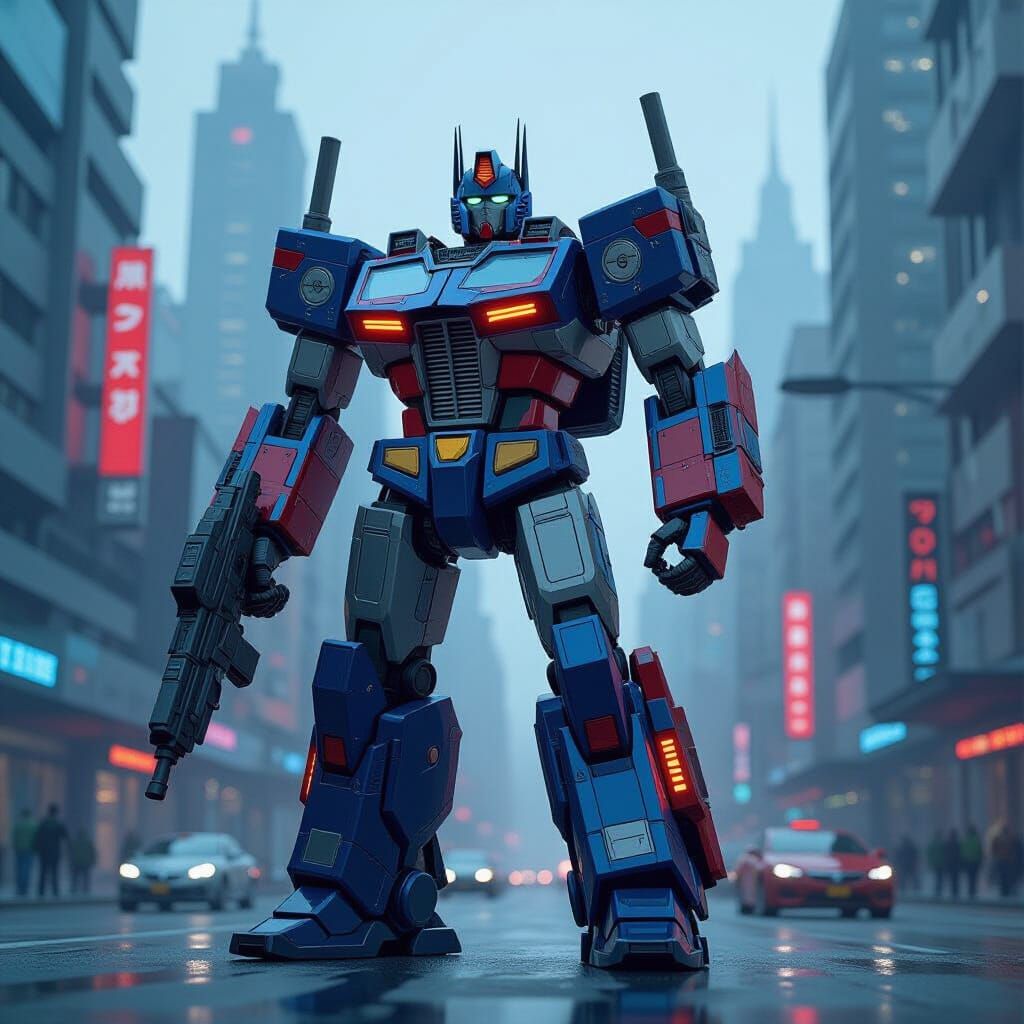 Heroic Optimus Prime in Retro-Futuristic Cityscape