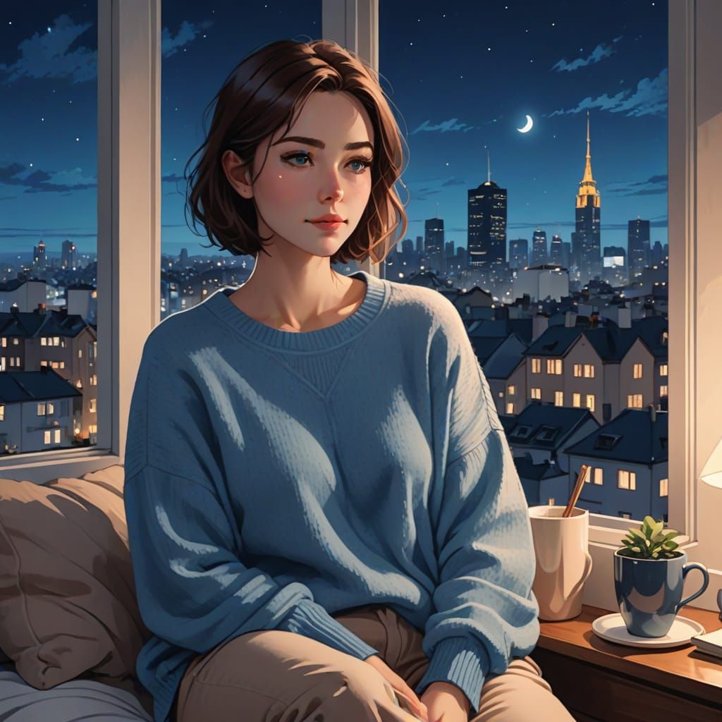 Young Woman in Cozy Evening Atmosphere, Anime Illustration