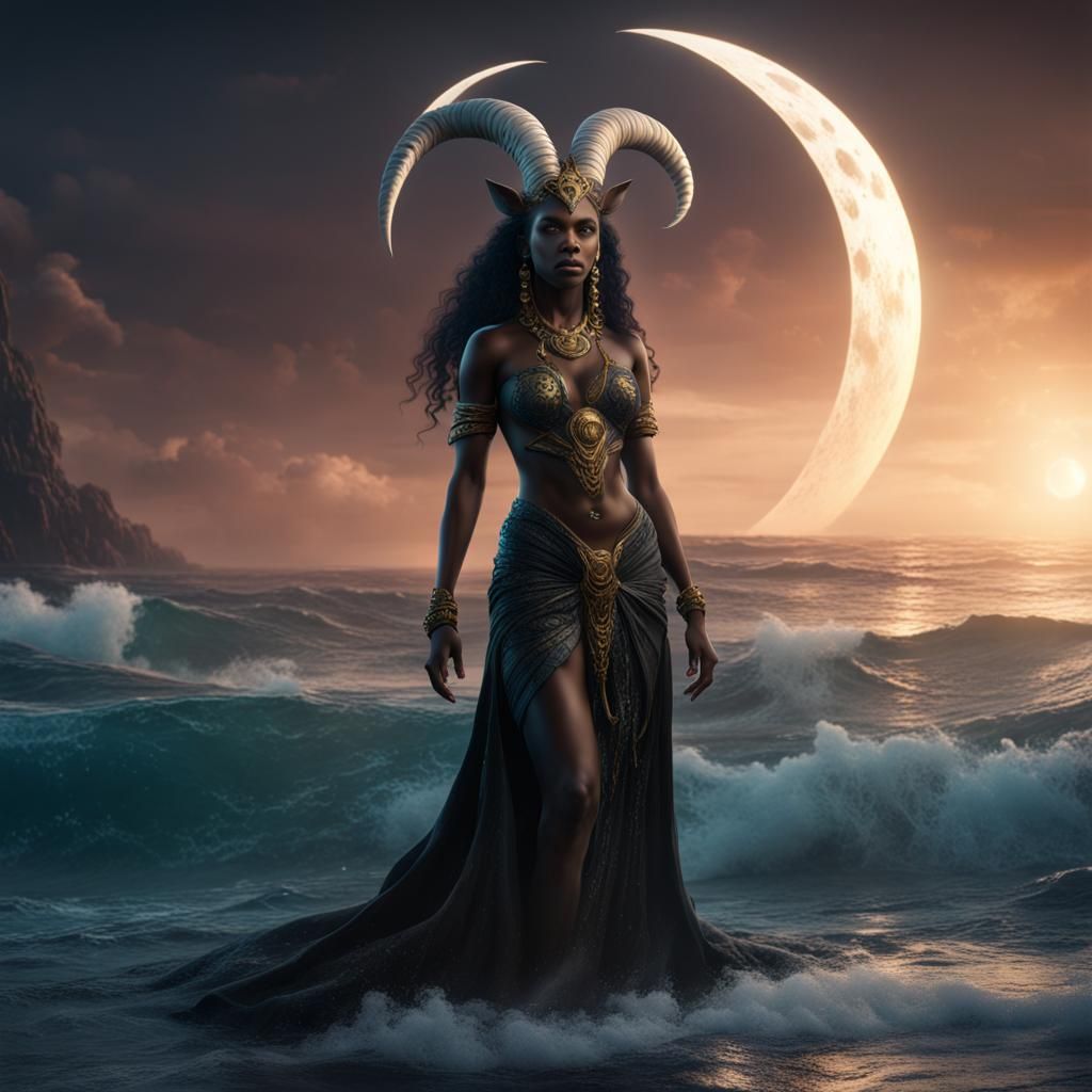 Capricorn Goddess Under New Moon in Detailed Painting