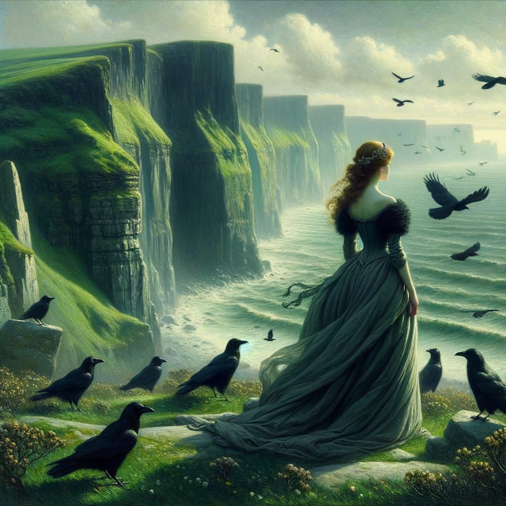 Ethereal Princess Amidst Ireland's Cliffside Crows