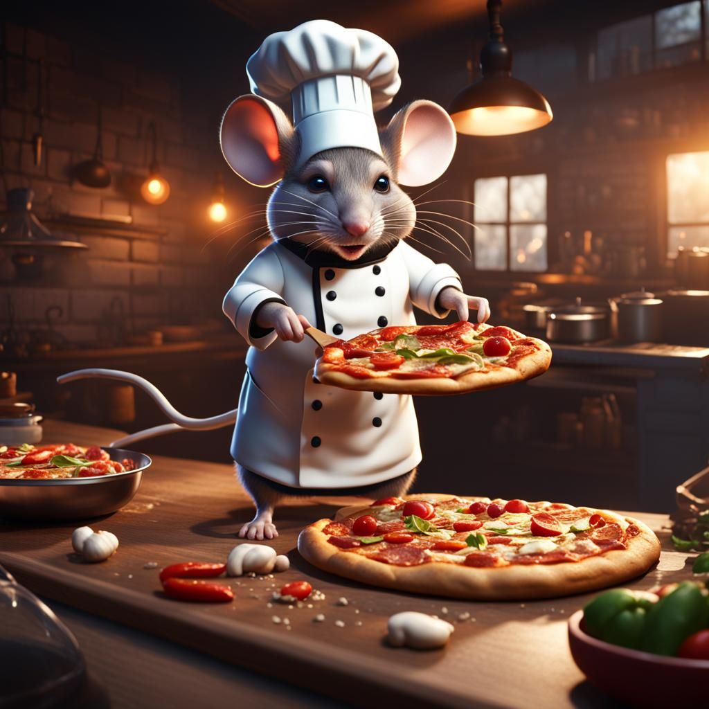 Mouse Chef Cooking Pizza: Detailed Matte Painting