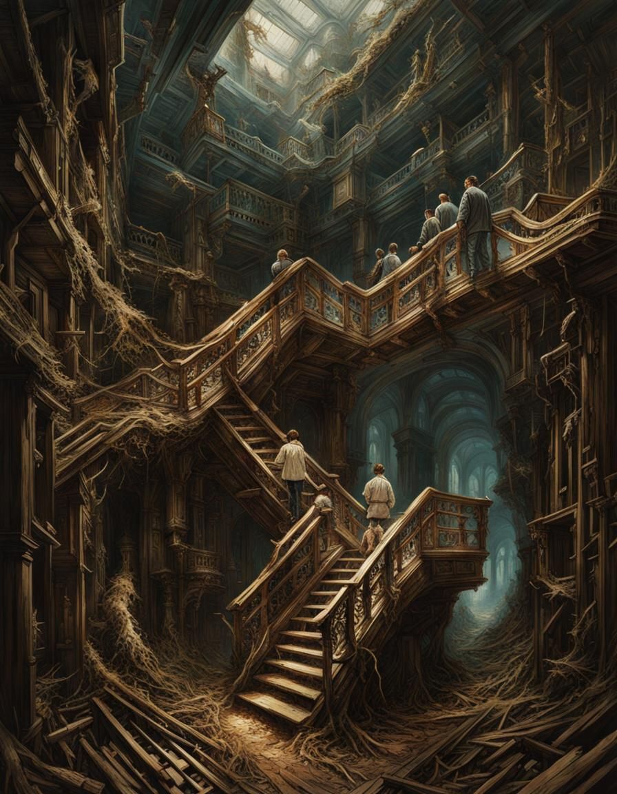 Complex wooden-puzzle, optical-illusion, Escher style perspe...