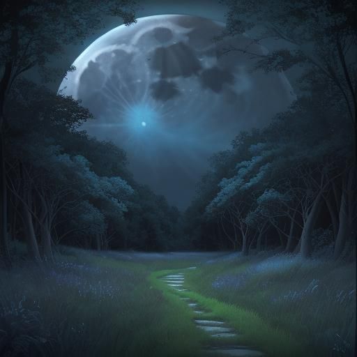 Blue Moonlit Night Sky with Lush Grass