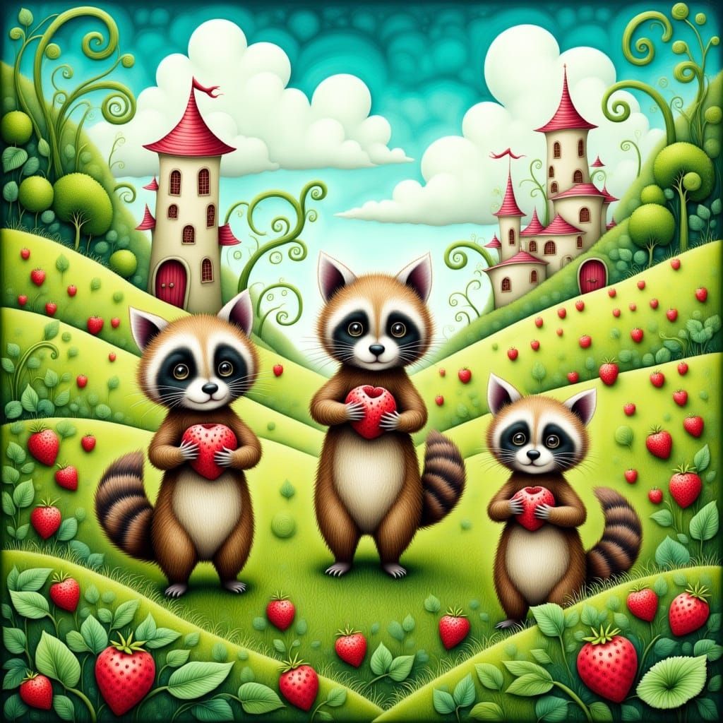 Raccoons in Whimsical Strawberry Fields