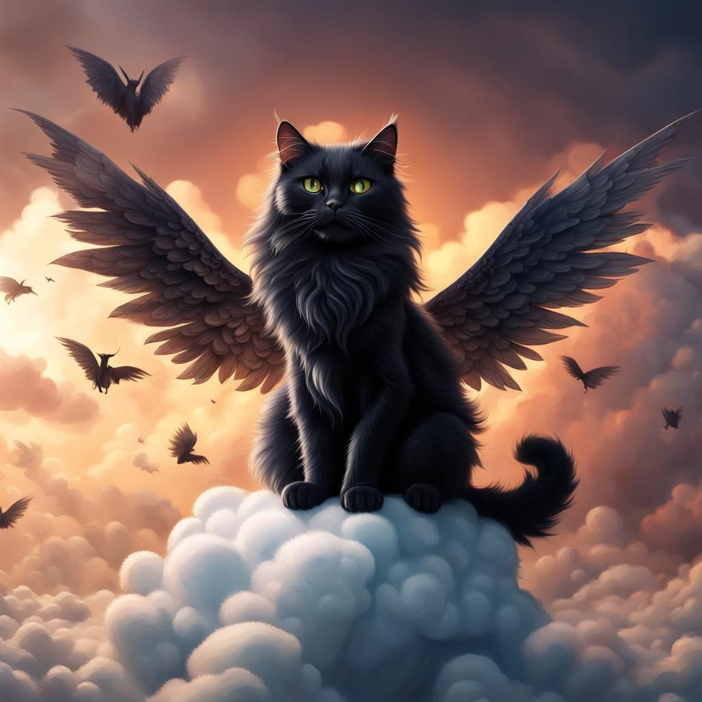 Winged Black Cat on Cloud, Fantasy Concept Art