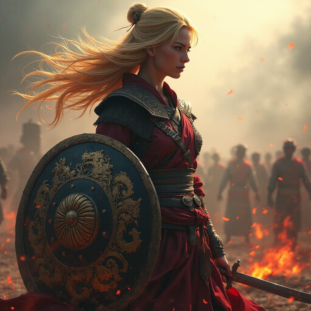 Epic Female Warrior in Japanese Feudal Age, Radiating Fierce...