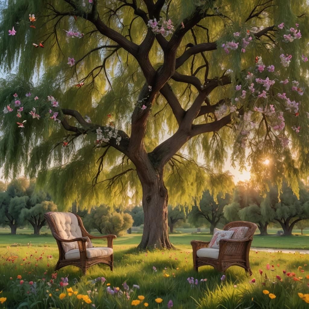 Peaceful Dusk Landscape with Willow Tree and Chair