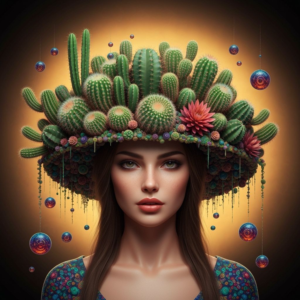Realistic Cactus Hat on Woman in Vivid Colors