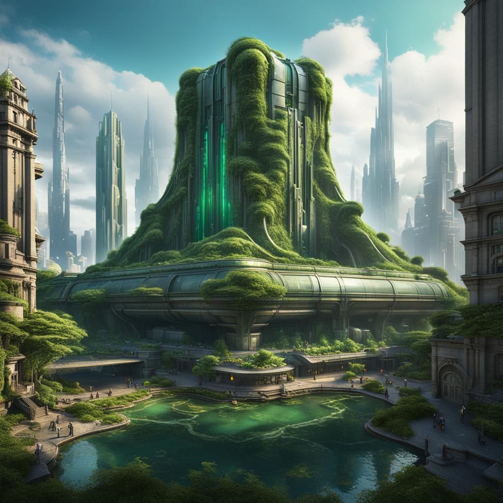 Futuristic City with Green Plants and Stone Statue