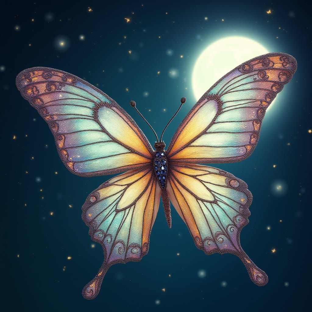 Iridescent Butterfly Soaring Under Moonlit Sky