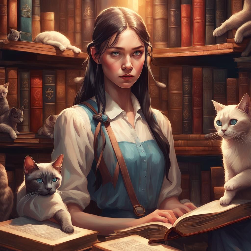 Girl in Library with Siamese Cats: Art Nouveau Portrait