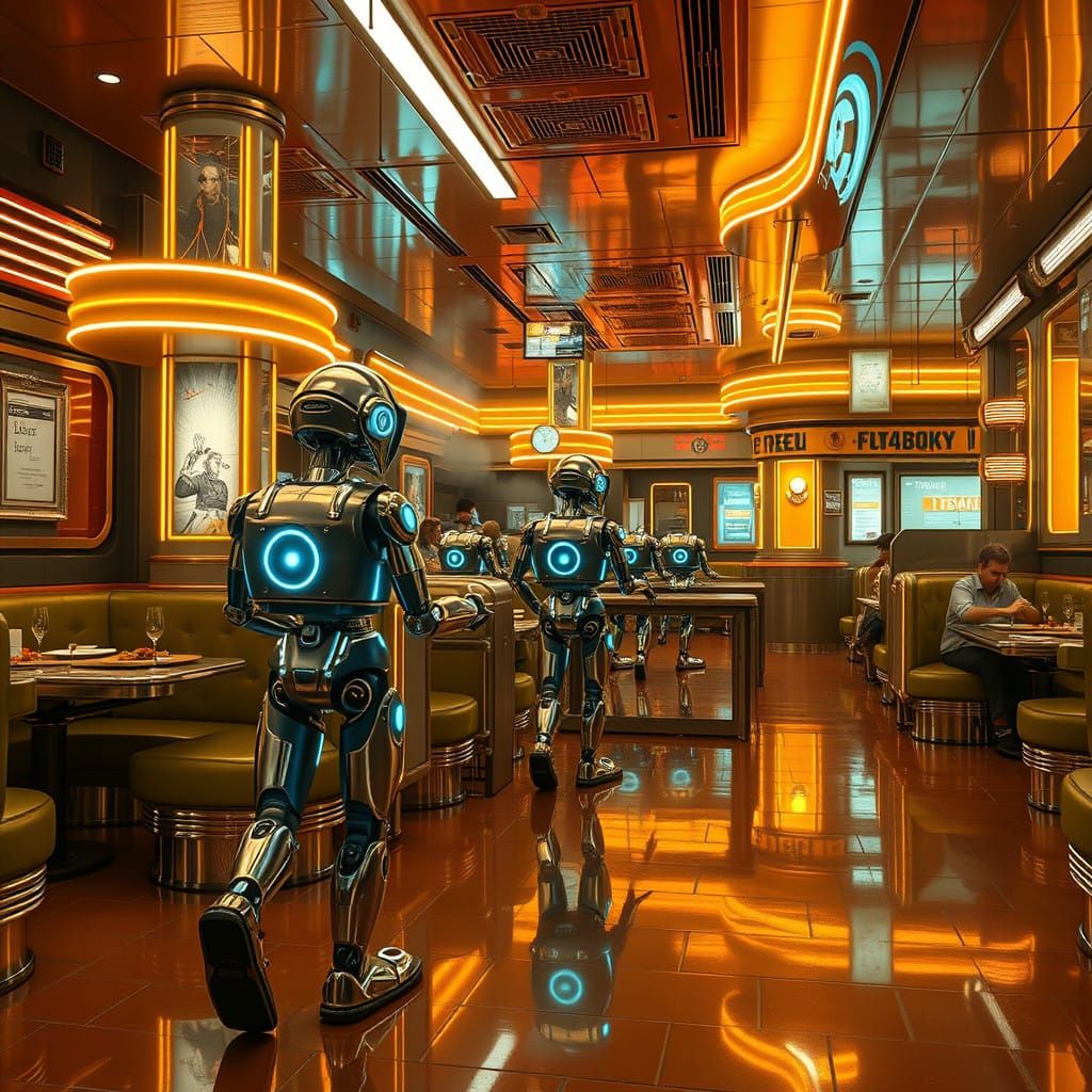 Robots Serve Diners in a Retro-Futuristic Neon Paradise