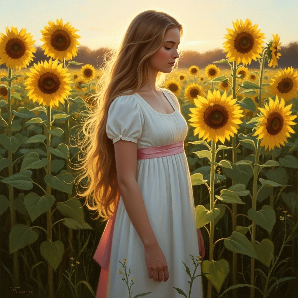 Woman in Sunflower Field, Romantic Style