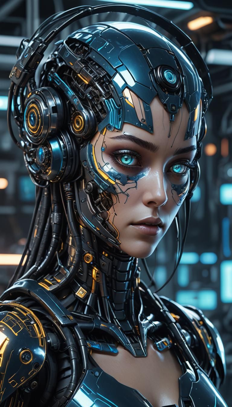 Cyberpunk Assassin Robot in High-Tech Lab