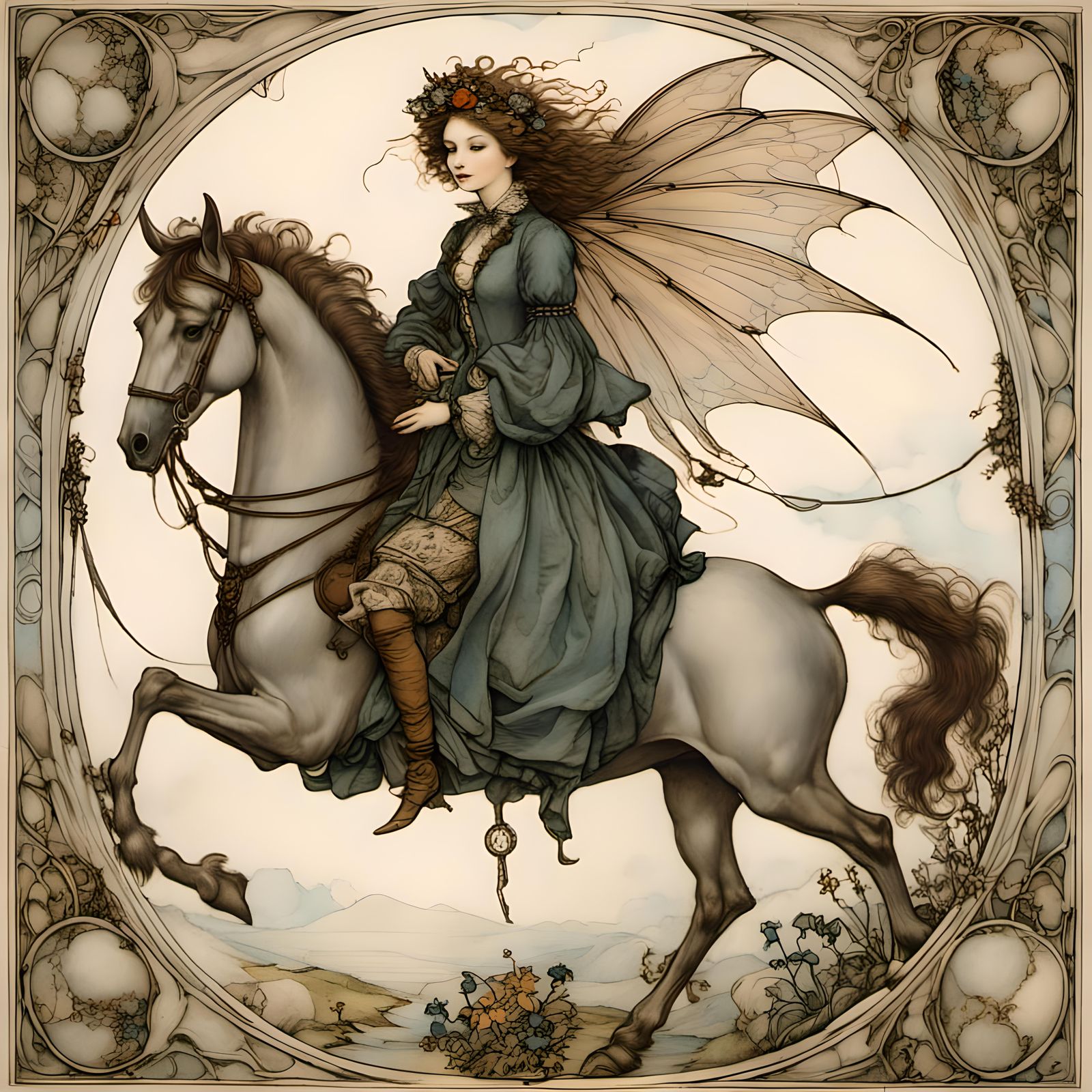Fairy riding a horse <lora:RackhamBurton1:1.0>