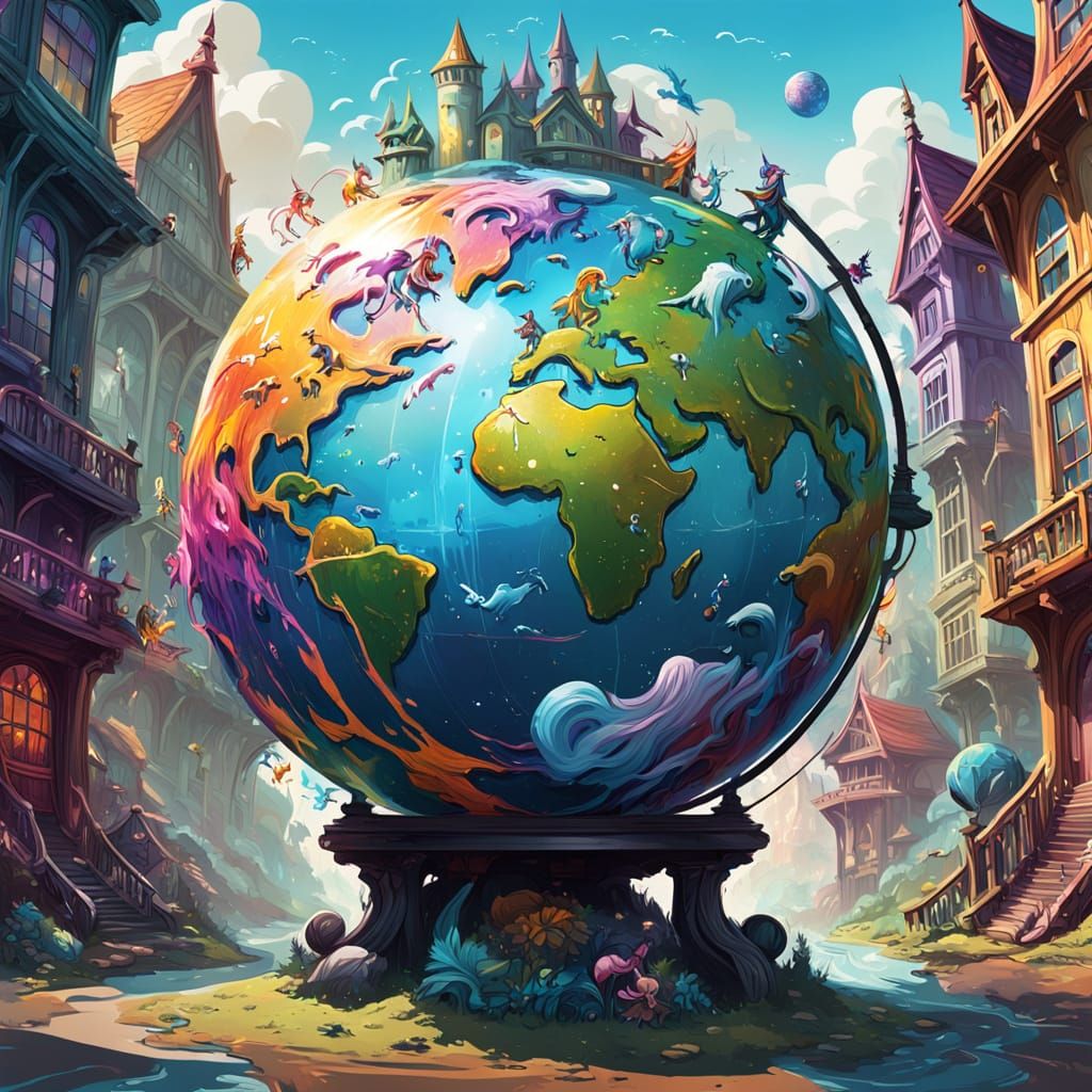 Fantasy Globe Art with Mythical Species in Graffiti Style