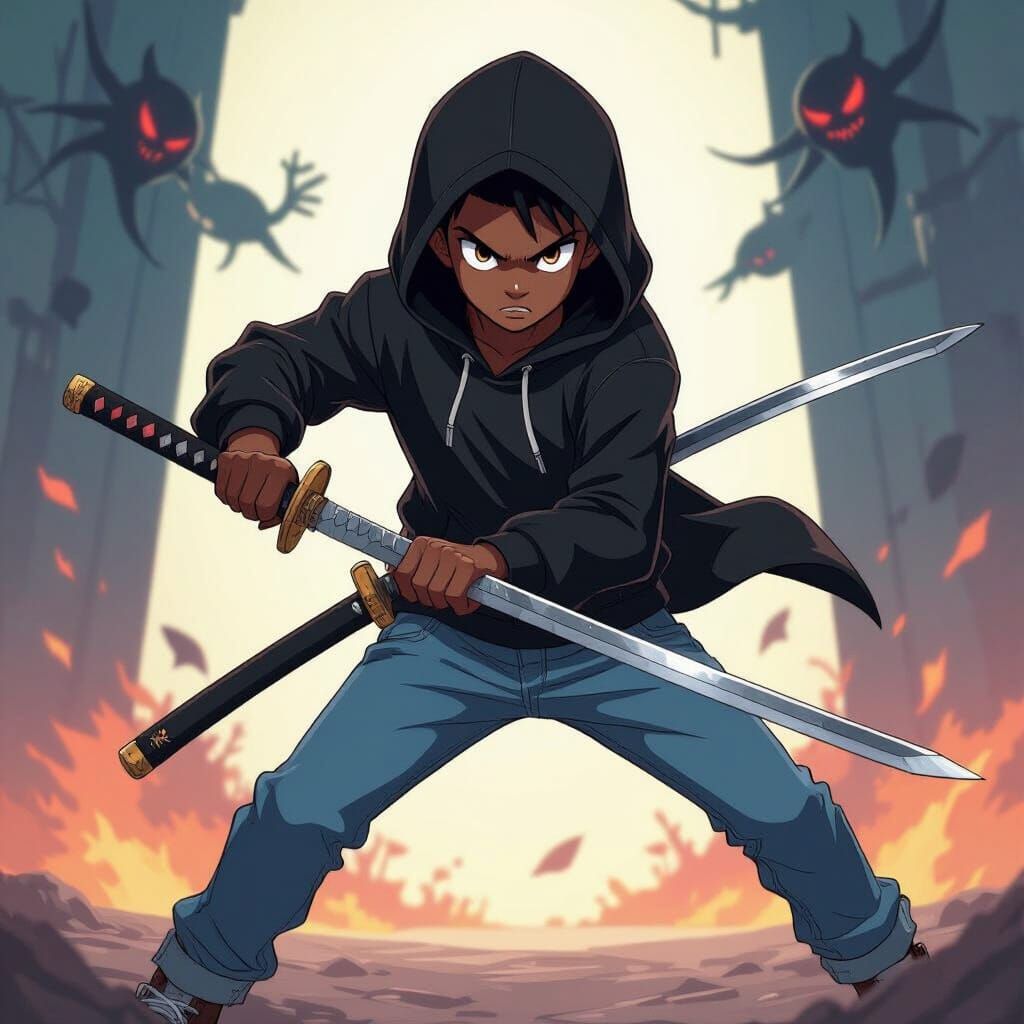Demon Hunter Boy Wielding Katana in Anime Style