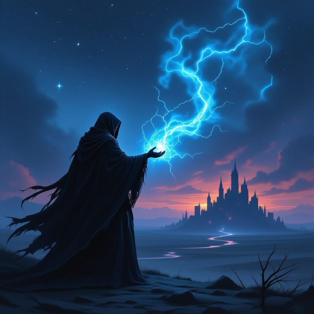 Necromancer Gazes at Crumbling City Under Starry Sky