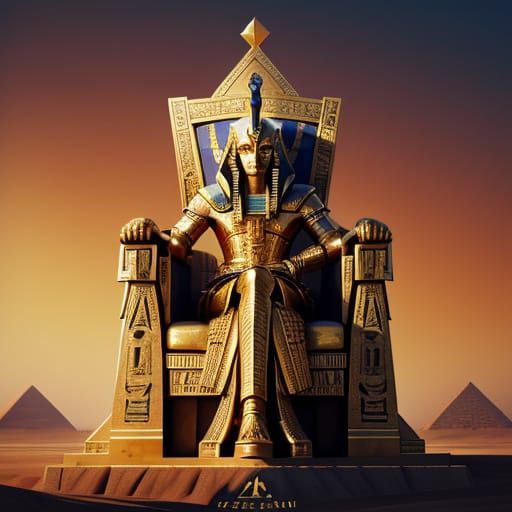 Pharaoh on Throne with Guards and Pyramids in Ancient Egypt