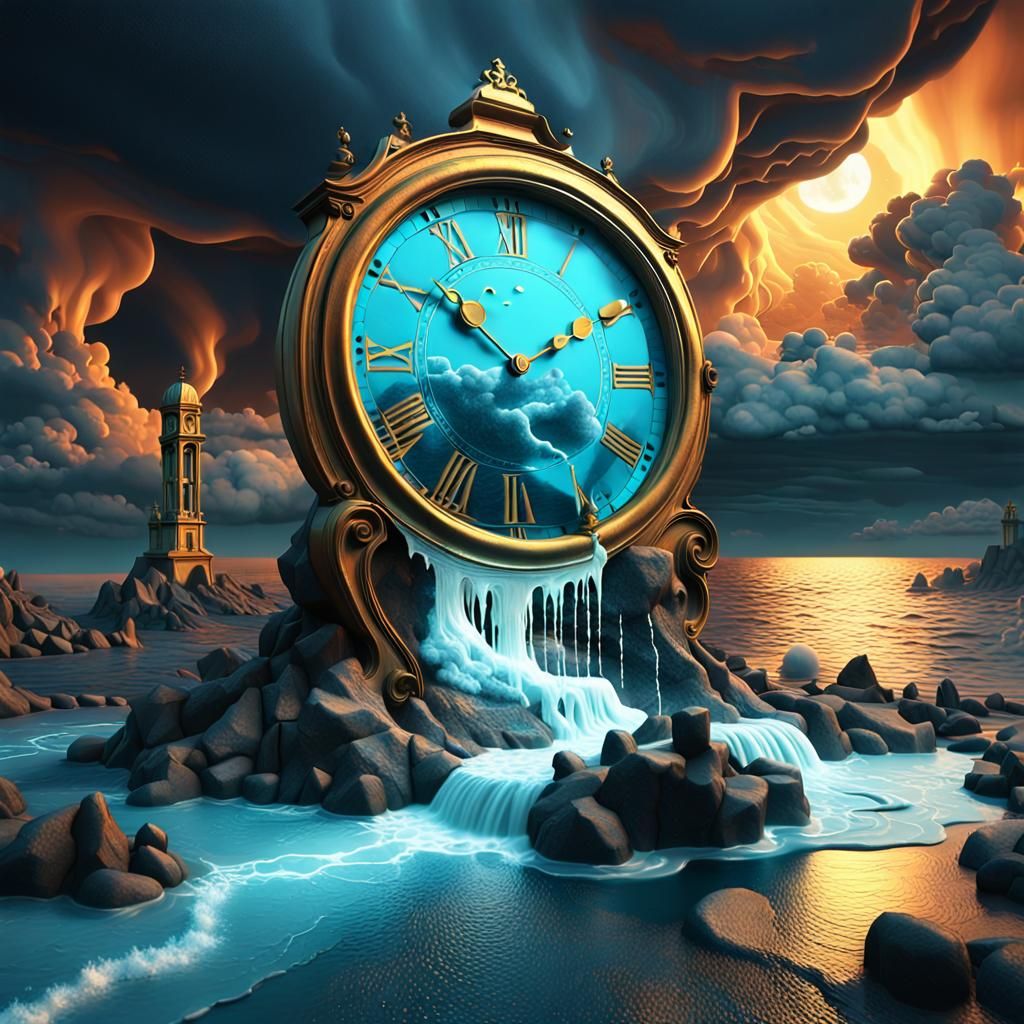 Time flows backward as a clock melts into a Salvador Dalí-esque painting,......