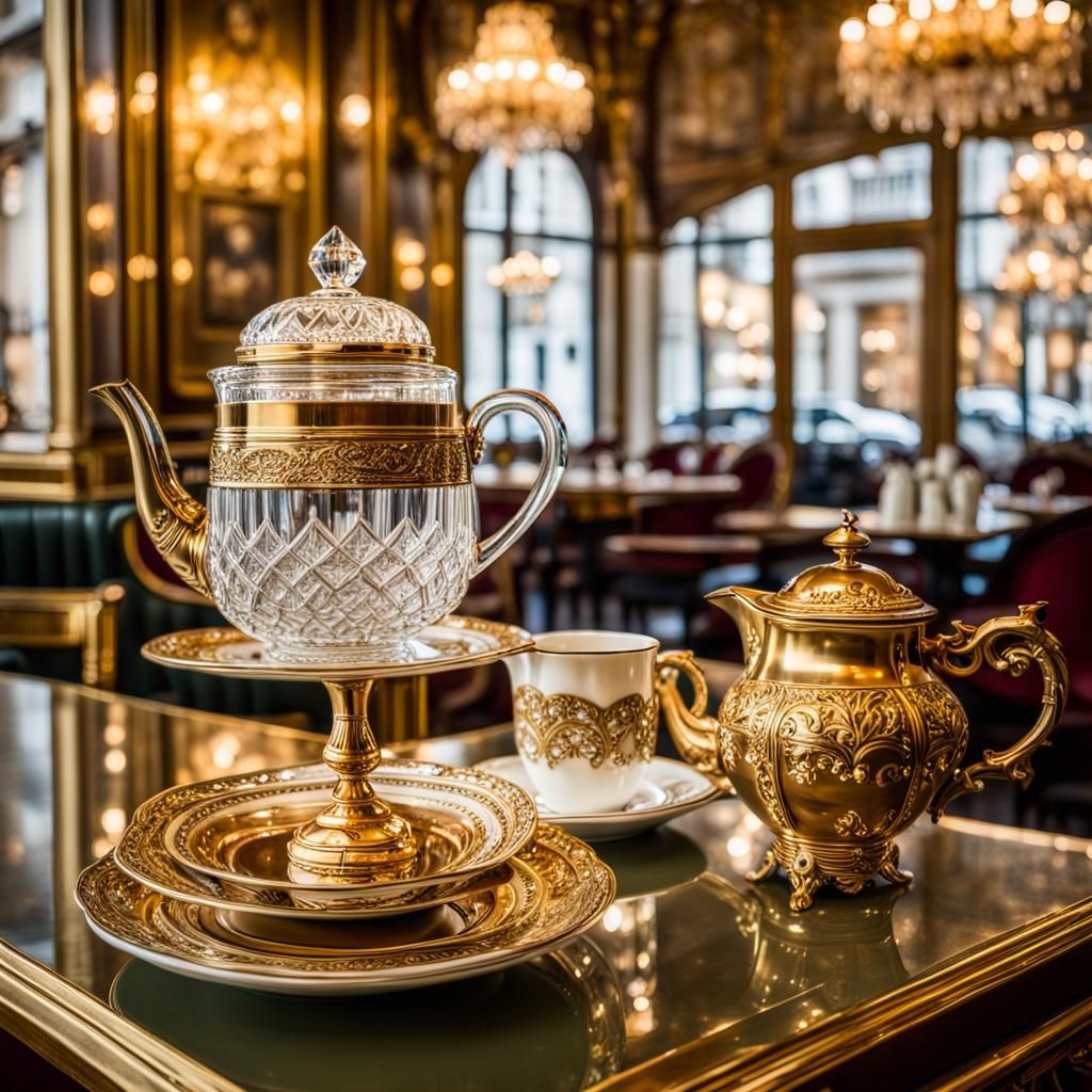 Parisian Cafe Interior with Gold Coffee Set