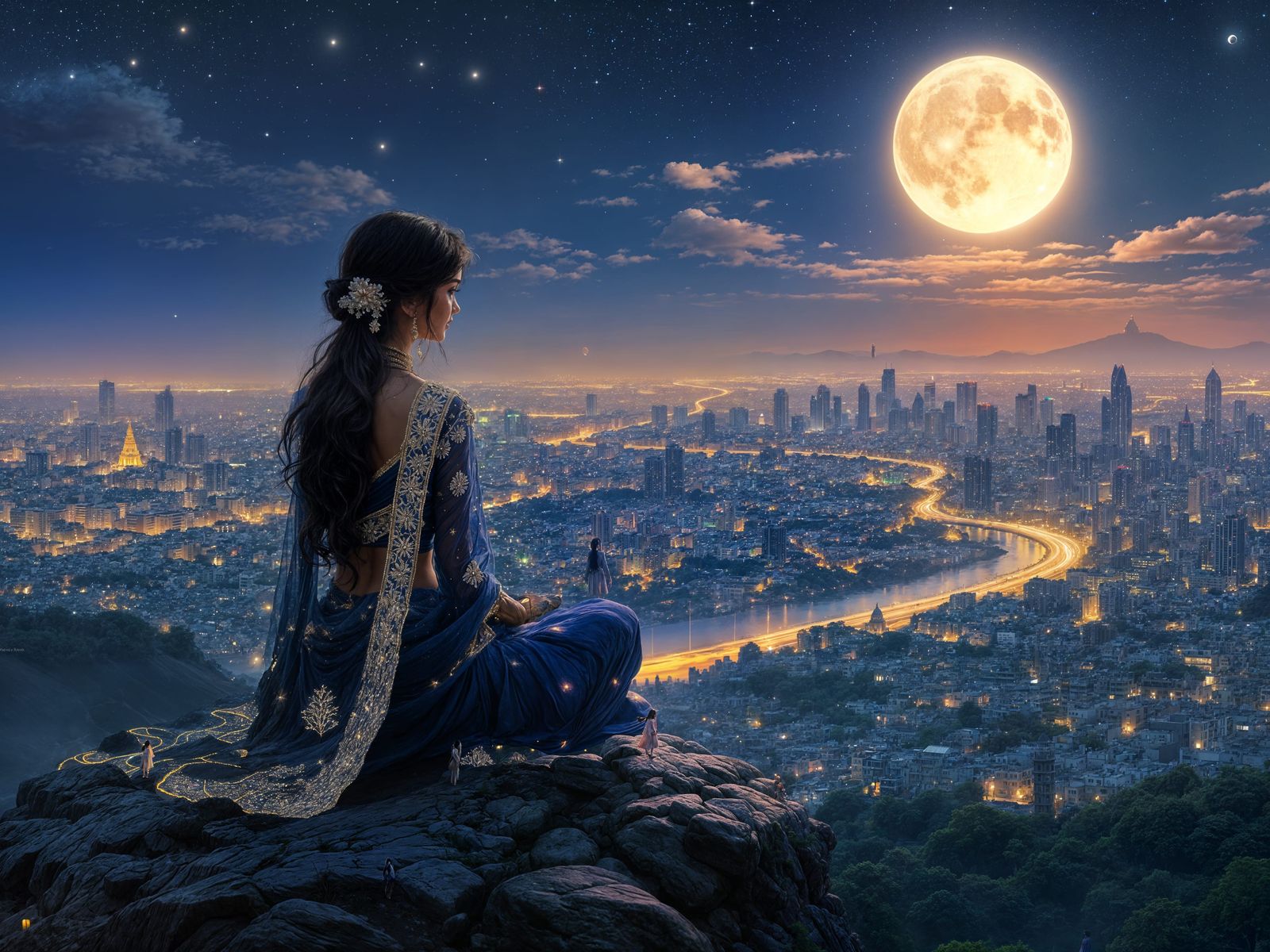 Indian Girl Gazing at Moon in Studio Ghibli Style