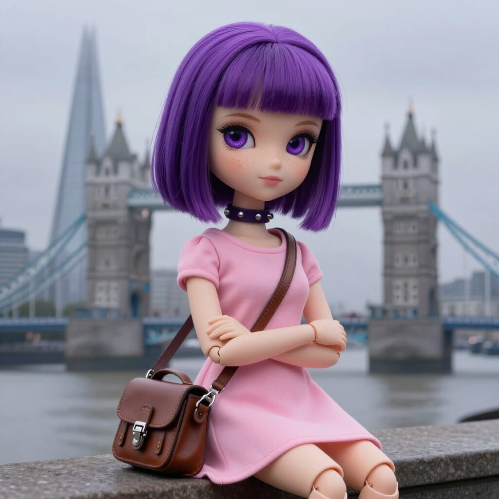 Alt-Girl Doll with Purple Eyes Over London