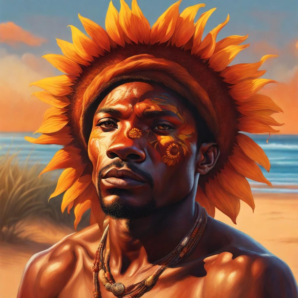 African Man and Lion with Sunflowers: Hyperrealistic Splash ...