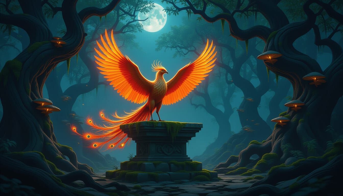 Majestic Phoenix in Enchanted Dark Fantasy Forest